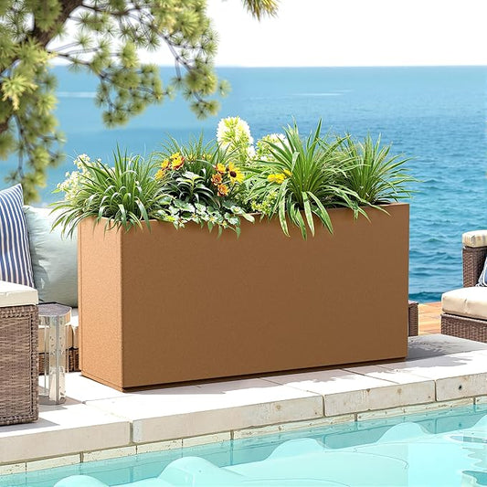 Metal Planter Box Rectangular Planter Box with Drainage Hole, Outdoor Large Planters, All-Weather Use, Rust-Resistance, for Flowers Plants, 32" L × 10" W × 16.3" H, Brown
