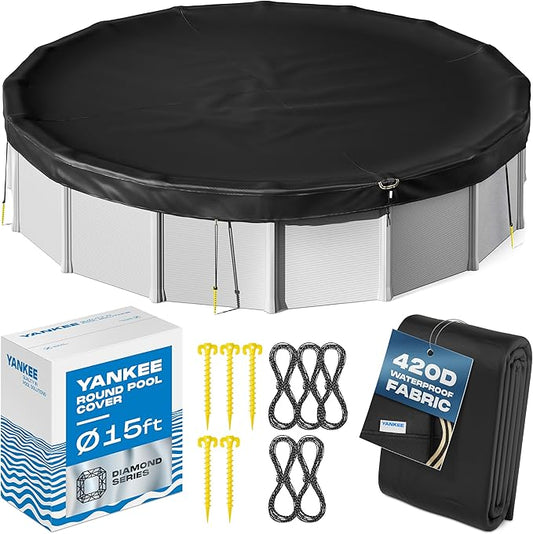 Yankee Diamond Series Pool Covers for Above Ground Pools | All-Weather, Windproof, Light 15ft Round Pool Cover w/ 5 Screw-In Pegs, 5 Ropes | 3 Mounting Methods, Strong Fastenings for Triple Protection