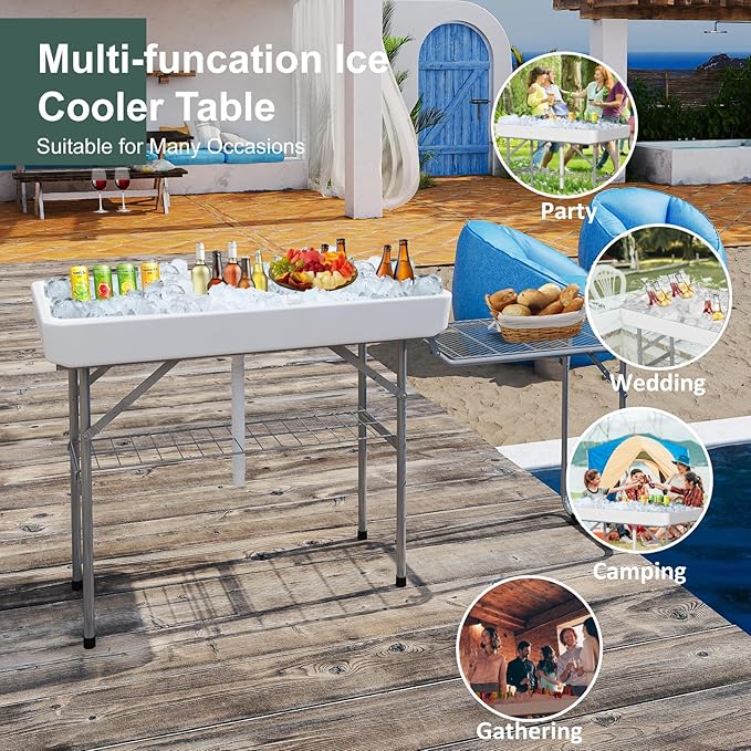 IWDOO Ice Cooler Table with Foldable Extension Stand, 4 Foot Outdoor Ice Table with Matching Skirt & Drain Hose, Folding Cooler Tables with Metal Shelf for Party, BBQ, Camping Picnic, White