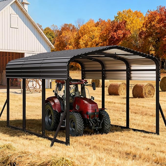 Heavy Duty Metal Carport Canopy, 10x15 FT Outdoor Car Port with Waterpoorf Metal Roof& Side Support Rods, Multi-Use Shelter Outdoor Garage for Car, Boats and Truck