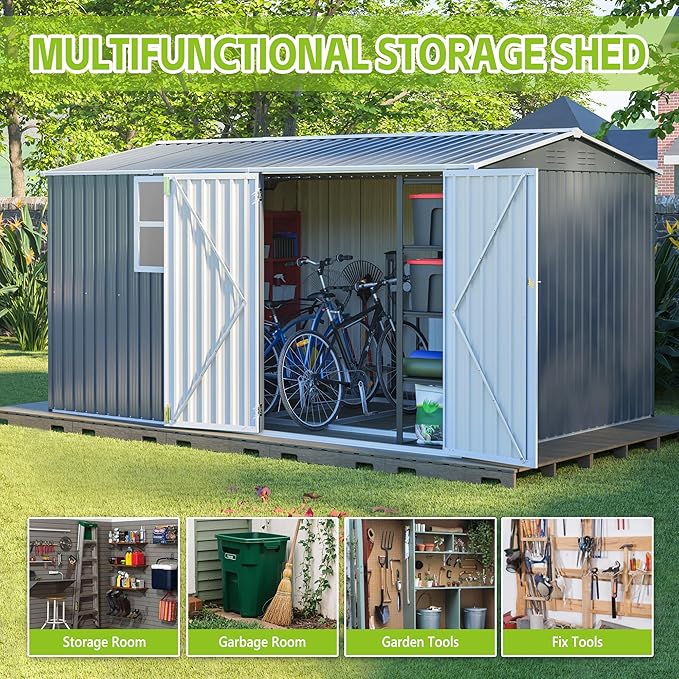 ZMAD Outdoor Storage Shed Metal, Large Garden Tool Sheds Outdoor with Lockable Doors, Waterproof Steel Utility Storage Building (Gray, 8X 12ft /Floor Frame)