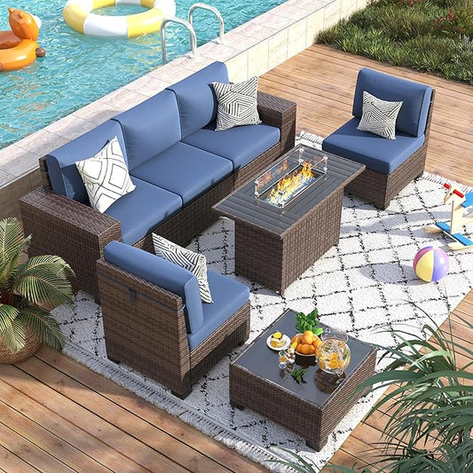 7 Piece Patio Furniture Set with Fire Pit Table, Outdoor Conversation Sets Wicker Rattan Sectional Sofa with Coffee Table, 4'' Thickened Cushion Navy Blue (Include Waterproof Cover)