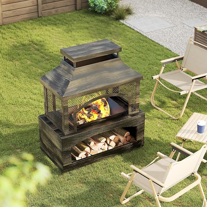 Bestier 37" Fire Pits, Wood Burning Fireplace for Outside Rectangular Chiminea Outdoor Firepits with Poker, Wood Storage, Rain Cover and Removable Fire Grill for Patio, Garden, Backyard, Camping