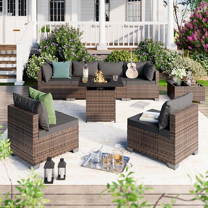 7/8-Piece Patio Conversation Set with Fire Pit Table, Outdoor All-Weather Rattan Sofa Sectional, Handwoven Wicker Furniture for Backyard, Easy Assembly & Weather-Resistant Design