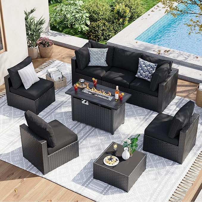 Aoxun 8 Piece Patio Furniture Set with 44” Fire Pit Table Wicker Rattan Patio Sectional Sofa Set Outdoor Seating Furniture with Thickened Cushion, Black