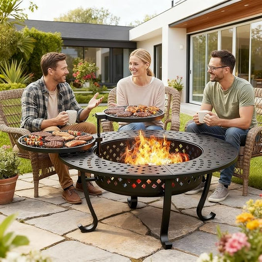 Outdoor Fire Pit, 43" Fire Pit for Outside Wood Burning with Adjustable 2 Grills, Outdoor Fireplace with Lid and Fire Poker, BBQ, Bonfire, Round Firepit 3 in 1 for Patio, Backyard, Garden, Black