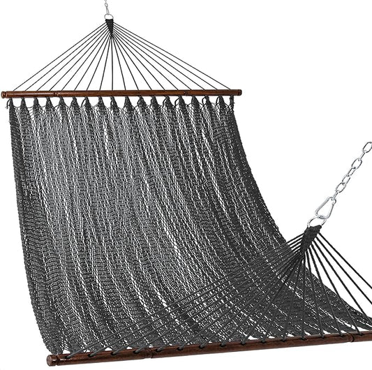 Lazy Daze Hammocks 10.5 FT Double 2 Person Caribbean Rope Hammock, Hand Woven Polyester Hammock with Spreader Bars, for Outside Outdoor Backyard Patio Poolside, 450 LBS Capacity, Gray