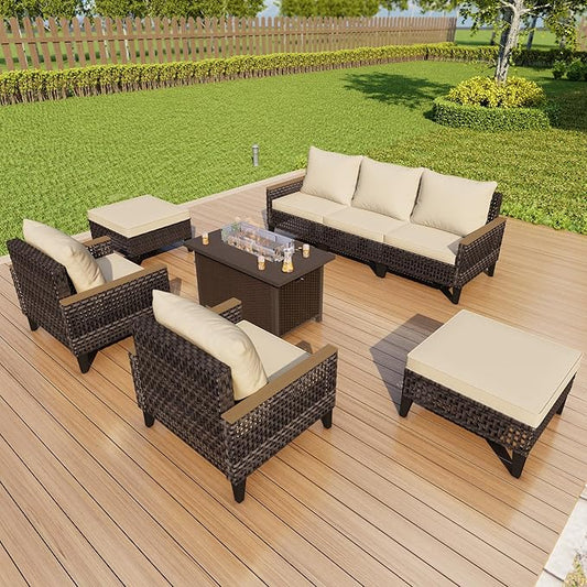 8 Pieces Outdoor Furniture Set, Modern Patio Conversation Sets with Fire Pit Table and Armchairs, Wicker Rattan Sofa Couches Chairs Ottomans for Porch, Deck, Balcony, Backyard, Yard (Beige Cushions)