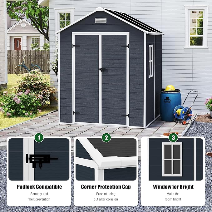 Resin Storage Shed 6x6ft Outdoor Tool Shed with Floor, Window, Lockable Doors and Vents, 12mm Thick pp Board, Storage Sheds for Patio, Garden, Backyard, Lawn (Dark Gray, 6 * 6ft)