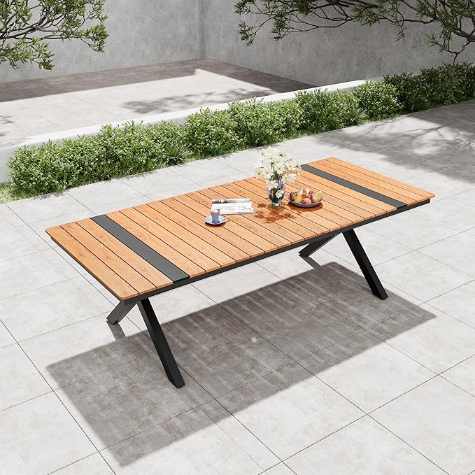 Pellebant 94" Outdoor Dining Table for 6-10, Aluminum Patio Dining Table with Umbrella Hole, Waterproof Wood-Like Tabletop for Lawn Garden Backyard, Brown