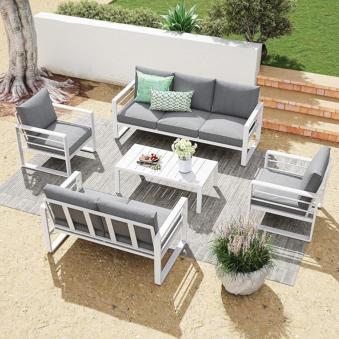 Patiorama Aluminum Patio Furniture Set, Outdoor Patio 3-Seater Sofa, 3 Seats Couch, All Weather White Metal Chair with Olefin Cushion, Deep Seating, 800 lbs Capacity, Deck, Garden-Grey Cushion
