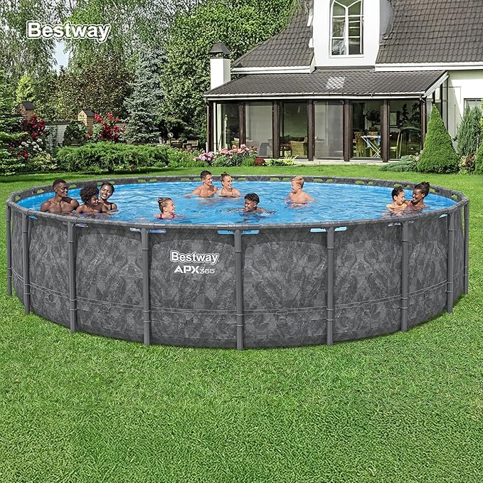 Bestway APX 365 22' x 52" Above Ground Pool, Round Metal Frame Outdoor Swimming Pool Set with Sand Filter Pump, Ladder, and Cover, Dark Marble