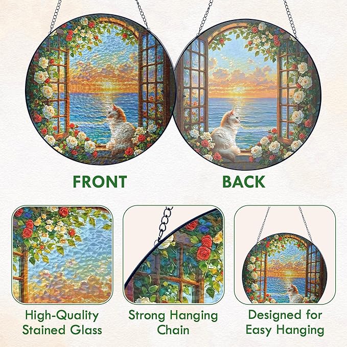 FLAGWIX Cat Gifts for Women - Stained Glass Window Hanging 10 in - Cat Lady Gifts for Women Mom Grandma Pet Lovers, Suncatchers for Windows Hanging Coastal Decor, Suncatcher Decorations for Home
