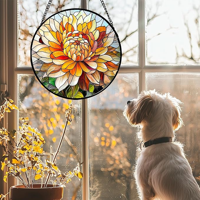 CRISGIF Stained Glass Window Hanging - Chrysanthemum Suncatcher for Doors Garden Patio Birth Flowers Sun Catchers Decor Christmas Mother's Day Birthday Gifts for Women Men Mom Nana Friend 6.3 in