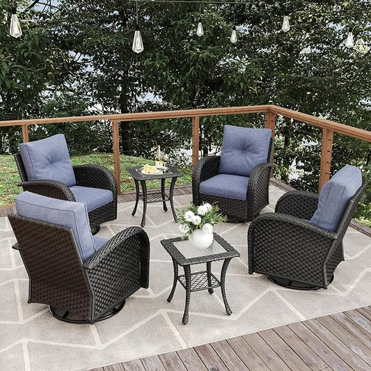 6 Pieces Patio Furniture Sets, Wicker Rattan High Back Outdoor Swivel Rocking Chairs Set with Side Table
