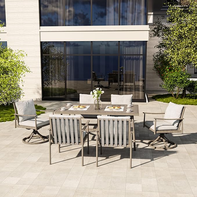 HAPPATIO 7-Piece Outdoor Dining Set for 6, Aluminum Patio Dining Set Includes 4 Dining Chairs, 2 Swivel Dining Chairs, and 1 Large Rectangular Table with Umbrella Hole, for Lawn Porch Backyard, Grey