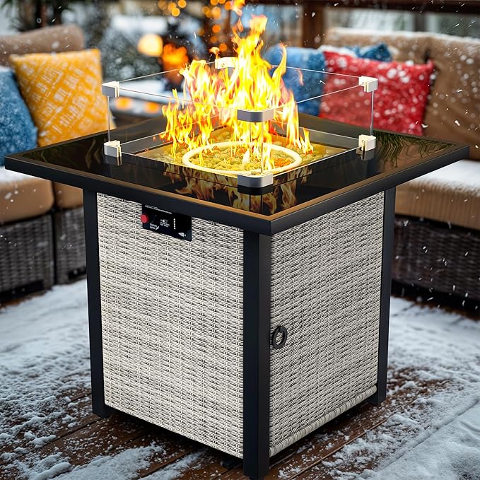 Propane Fire Pit Table, Outdoor Fire Pit Table, 28" Rattan Square Outdoor Gas FirePit with Glass Wind Guard, Tempered Glass Tabletop, Lid, CSA Listed, 50,000 BTU, Outside Patio & Garden, Gray-White