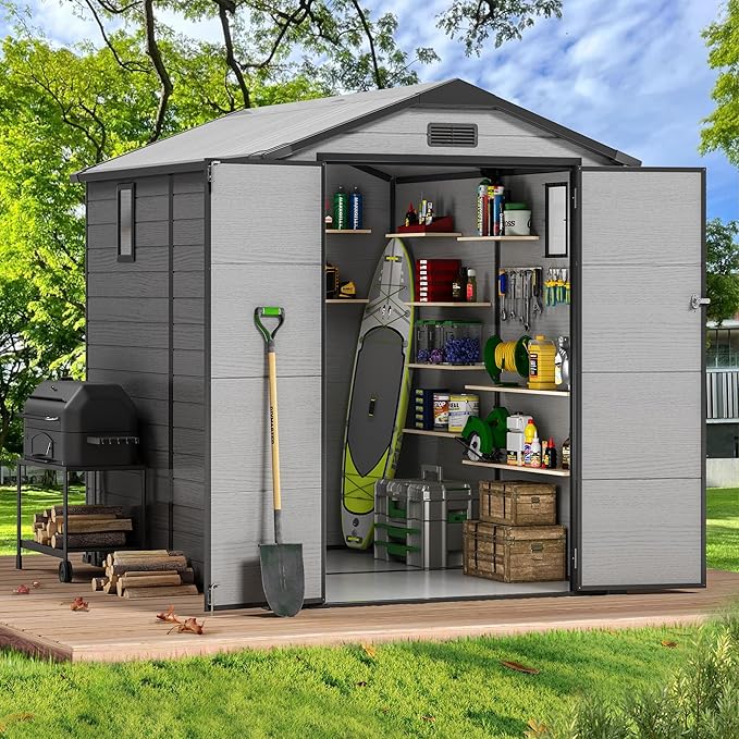 6×8FT Plastic Outdoor Storage Shed, Double Door Tool Shed with Transparent Roof and Vent, Lockable Door with Key, Storing Patio Furniture, Gardening Tools, and Bicycle Accessories.