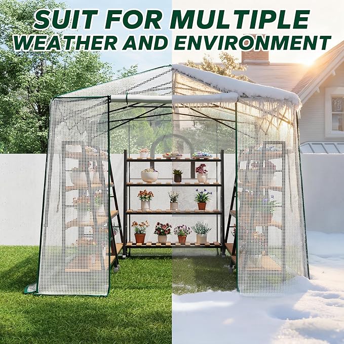 11.5x8.5x7.4 ft Walk-in Greenhouse, Portable Plant Hot House with Zipper Windows & Doors, PE Cover & Steel Frame, for Garden, Backyard
