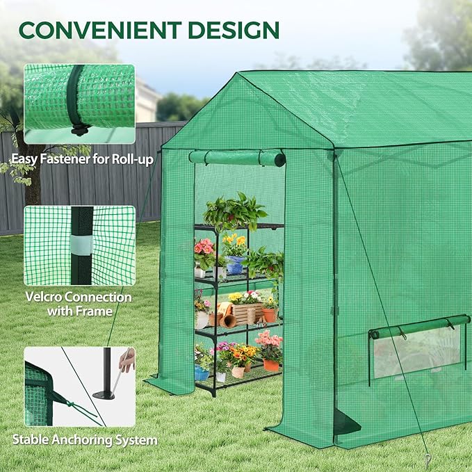 8x8 Pop Up Walk-in Greenhouse, Indoor & Outdoor PE Cover Green House with Power Access Ports, Roll-up Zippered Doors and Windows, Green