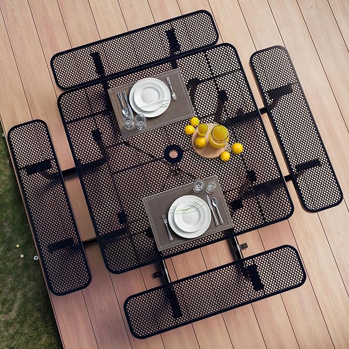 OUTTANS Metal Picnic Tables for Outdoors with Umbrella Hole - Coated Steel Heavy Duty Commercial Grade Furniture with Adjustable Seats (Black, 46 in, Square, Punched Steel)