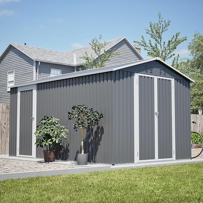 8x12 FT Metal Outdoor Storage Shed,Garden Shed W/ 2 Reversible Lockable Doors & Updated Frame Structure,Outdoor Backyard Tool House W/ 4 Air Vents & Sloped Roof,for Patio,Lawn,Grey