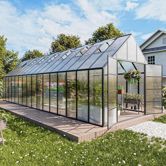 CDCASA 10x32 FT Greenhouse for Outdoors,Large Easy Assembly Thicker Aluminum Polycarbonate Greenhouses w/7 Windows, Double Doors, Walk-in Green House for Outside,Patio,Backyard,Garden