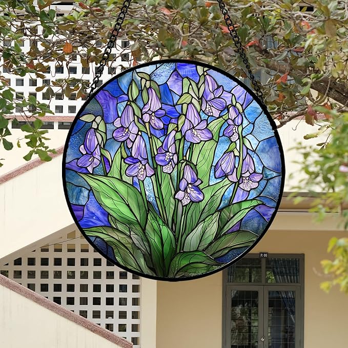 AMDERVEN Stained Glass Suncatcher, Blue Purple Flowers Green Leaves Sun Catcher Plants Stain Glass Window Hanging Decoration Mother's Day Birthday Gifts for Women Men Mom and Nana 9.8 in