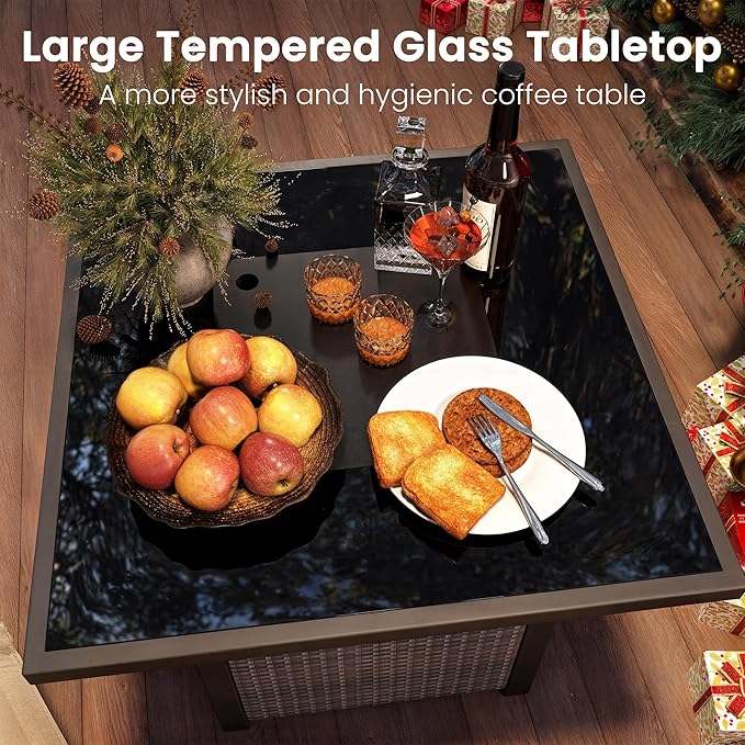 Propane Fire Pit Table, Outdoor Fire Pit Table, 28" Rattan Square Outdoor Gas Fire Pit with Glass Wind Guard, Tempered Glass Tabletop, Lid, CSA Listed, 50,000 BTU for Outside Patio Deck & Garden,Brown