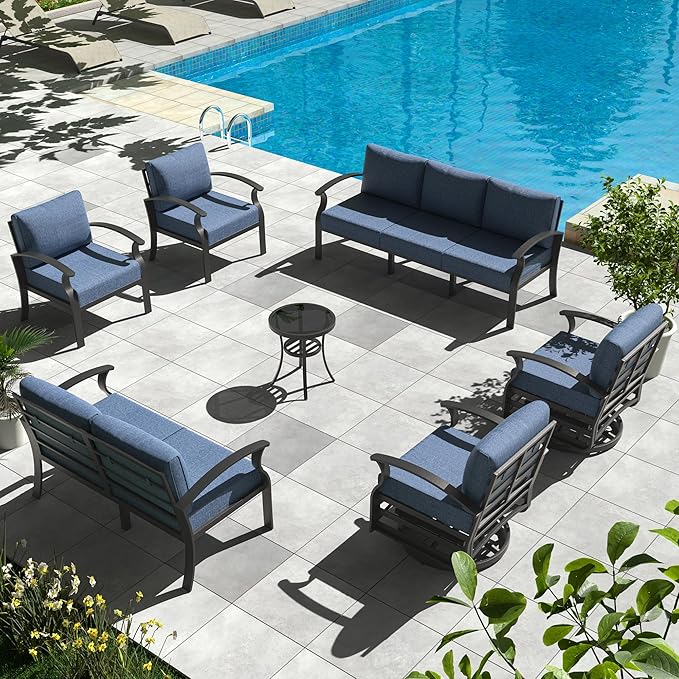Aluminum Patio Furniture Set, 9 Seats Outdoor Patio Conversation Set with Swivel Chair Modern Metal Patio Sectional Sofa with Upgrade Cushions for Patio, Backyard Navy