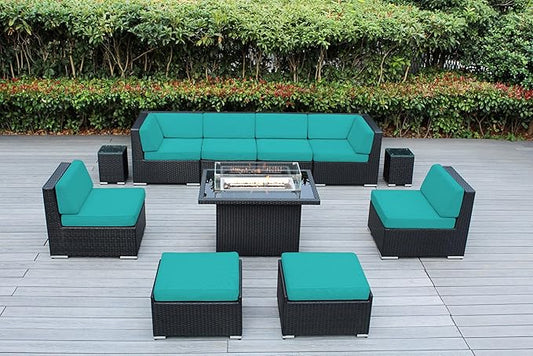 11 Piece Ohana Outdoor Patio Furniture Black Wicker Conversation Set with Fully Assembled Sectional and 42-inch Propane Gas Fire Table