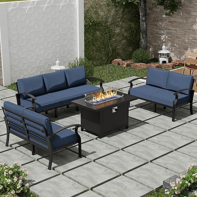 Aluminum Patio Furniture Set with Fire Pit Table, 7 Seats Outdoor Conversation Set Modern Metal Sectional Sofa with Upgrade Cushions for Backyard, Navy