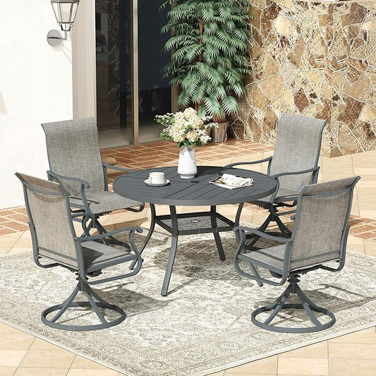 VICLLAX Round Patio Dining Table, 4 Person Metal Outdoor Dining Table with Umbrella Hole and Storage Shelf for Garden Lawn Deck, 40.6" Dark Grey