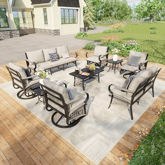 9-Piece Outdoor Patio Conversation Sets, Rope Outdoor Furniture Set Metal 3-Seater Couch, 4 Swivel Rockers with 2 Side Tables, Loveseat Sofa with Coffee Table for Backyard Deck Porch Poolside, Beige
