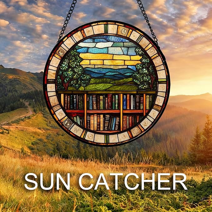 QZQCBLC Stained Glass Window Hanging Retro Books Scenery Large 11.8" - Abstract Suncatcher Door Garden Sun Catcher Home Decor Birthday Christmas for Mom Men Woman Nana Friend Wife