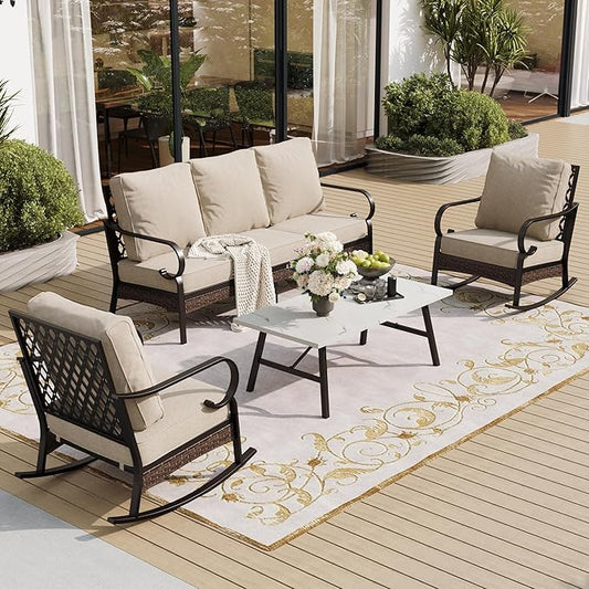 4 PCS Metal Outdoor Patio Furniture Set, Patio Conversation Sets 1 3-Seater Sofa, 2 Rocking Chairs with 5.75" Extra Thick Cushion & Coffee Table, Black Frame Backyard Furniture, Beige