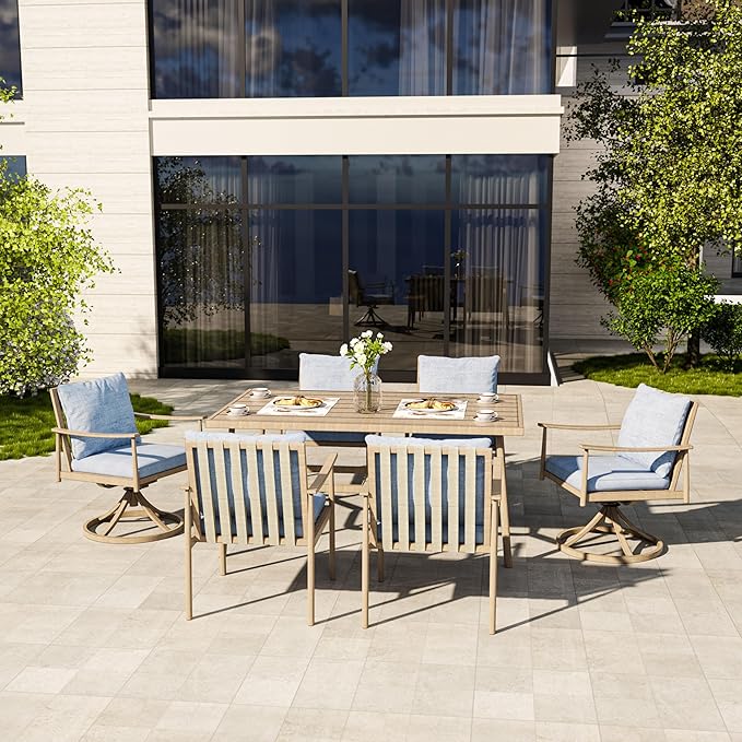HAPPATIO 7-Piece Outdoor Dining Set for 6, Aluminum Patio Dining Set Includes 4 Dining Chairs, 2 Swivel Dining Chairs, and 1 Large Rectangular Table with Umbrella Hole, for Lawn Porch Backyard, Brown