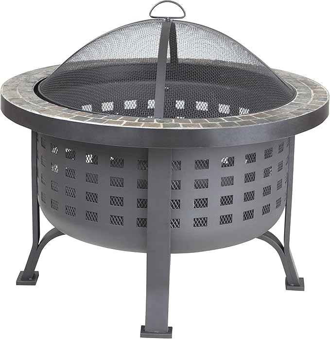 Fire Sense 62240 Fire Pit Alpina Slate Top Wood Burning Lightweight Portable Outdoor Firepit Backyard Fireplace for Camping Bonfire Included Screen Lift Tool & Cooking Grate - Round - 24"