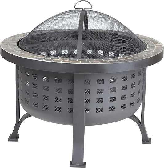 Fire Sense 62240 Fire Pit Alpina Slate Top Wood Burning Lightweight Portable Outdoor Firepit Backyard Fireplace for Camping Bonfire Included Screen Lift Tool & Cooking Grate - Round - 24"