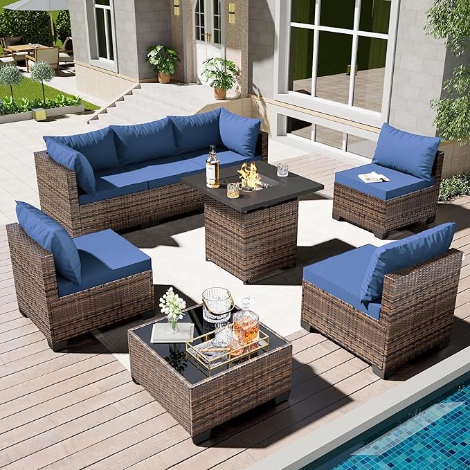 7/8-Piece Patio Conversation Set with Fire Pit Table, Outdoor All-Weather Rattan Sofa Sectional, Handwoven Wicker Furniture for Backyard, Easy Assembly & Weather-Resistant Design
