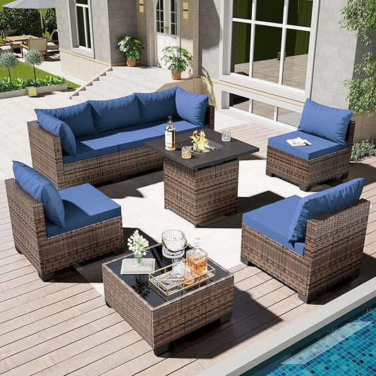 7/8-Piece Patio Conversation Set with Fire Pit Table, Outdoor All-Weather Rattan Sofa Sectional, Handwoven Wicker Furniture for Backyard, Easy Assembly & Weather-Resistant Design