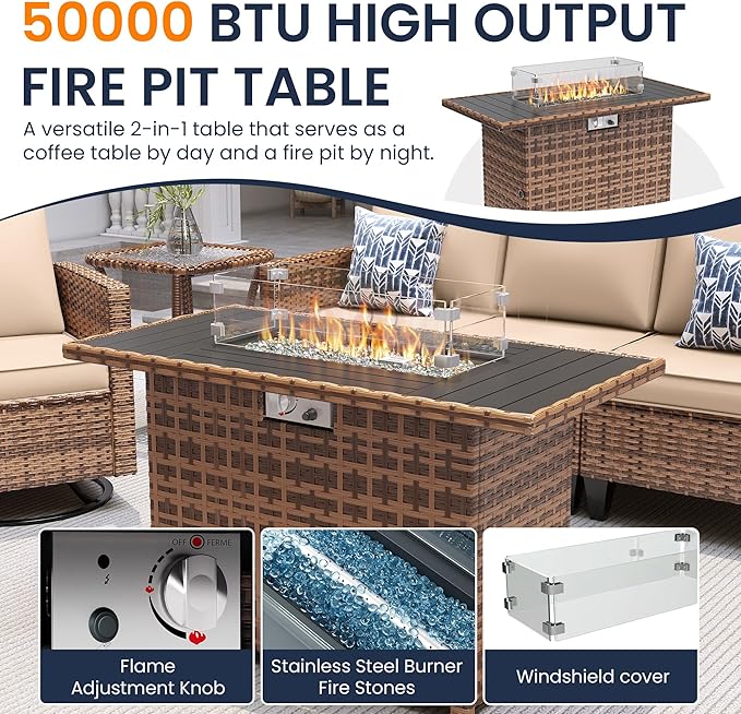 UDPATIO 8 Piece Aluminum Patio Furniture Set with Wicker Fire Pit Table,Mordern Outdoor Furniture Set with Water-Proof Cover Included, Dark Grey