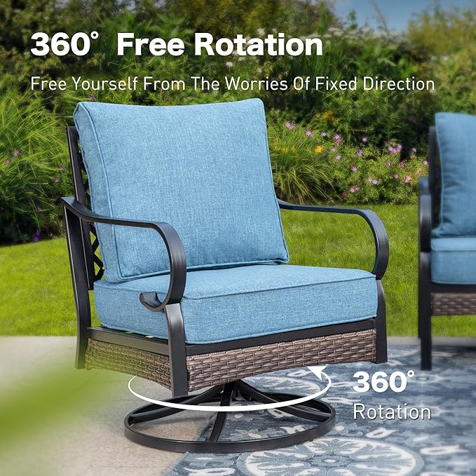 6 Piece Black Metal Outdoor Patio Furniture Sets with Firepit Table, Patio Conversation Sets 1 3-Seater Sofa, 2 Leg Sofa and 2 Swivel Sofa with 5.75" Cushion for Backyard Deck, Navy