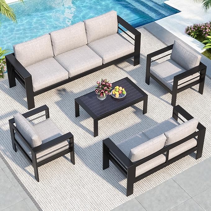 Solaste Aluminum Patio Furniture Set for All Weather, Oversized Metal Outdoor Furniture Set with 27.5" Deep Seating and 3.2" Wide Armrest, Patio Conversation Set with 5" Cushion, Black and Grey
