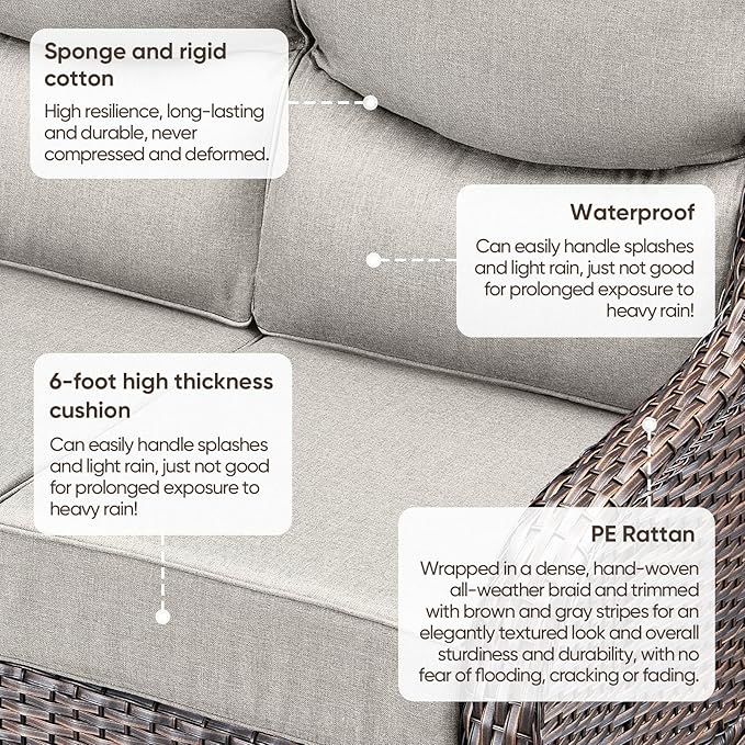 Luxury Patio Sofa 3-Seat Wicker Couch with 6" Thick Cushion - Outdoor Furniture Rattan Sofa with Deep Seating High Back Outdoor Sofa for Patio Garden Balcony Sunroom Backyard, Brown | Beige