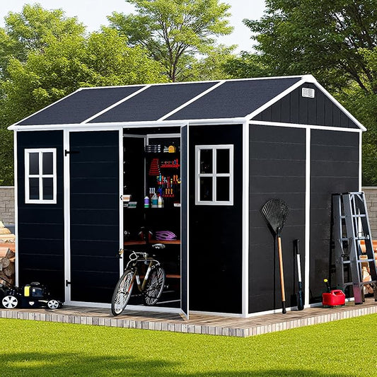 Outdoor Storage Shed 7.5x7 FT, Resin Shed with Floor & Window, Lockable Door, Vents, Outside Sheds & Garden Shed for Patio Furniture, Gardening Tools, Pool Equipment (Dark Gray, 7.5 * 7ft)