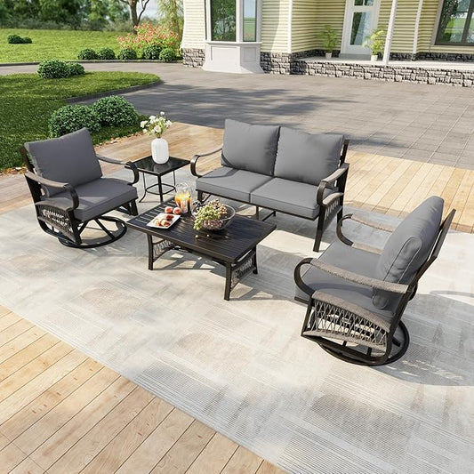 5 Pieces Patio Conversation Sets, All Weather Metal Outdoor Furniture Set Includes 2 Swivel Rockers with Side Table and Loveseat with Coffee Table for Backyard Garden Deck Porch Poolside, Gray