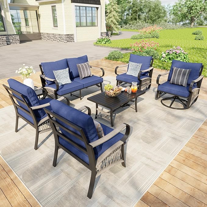 7 Pieces Modern Patio Furniture Set, All Weather Metal Outdoor Conversation Sets with 5.1" Extra Thick Cushion for Backyard Garden Deck Porch Poolside, Blue