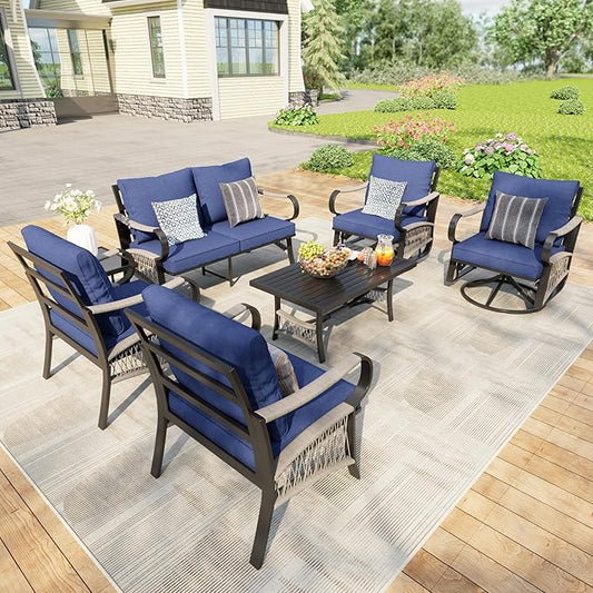 7 Pieces Modern Patio Furniture Set, All Weather Metal Outdoor Conversation Sets with 5.1" Extra Thick Cushion for Backyard Garden Deck Porch Poolside, Blue