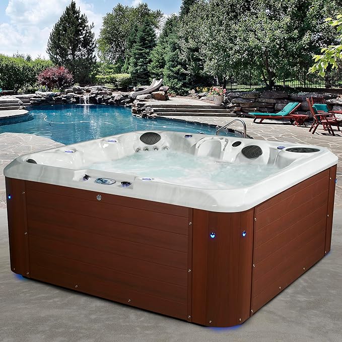 AquaLife Amplified™ 6-Person 100-Jet Acrylic Double Lounger Hot Tub with Bluetooth Stereo, LED Lighting, Insulated Cover, Stainless Steel Heater and Ozonator